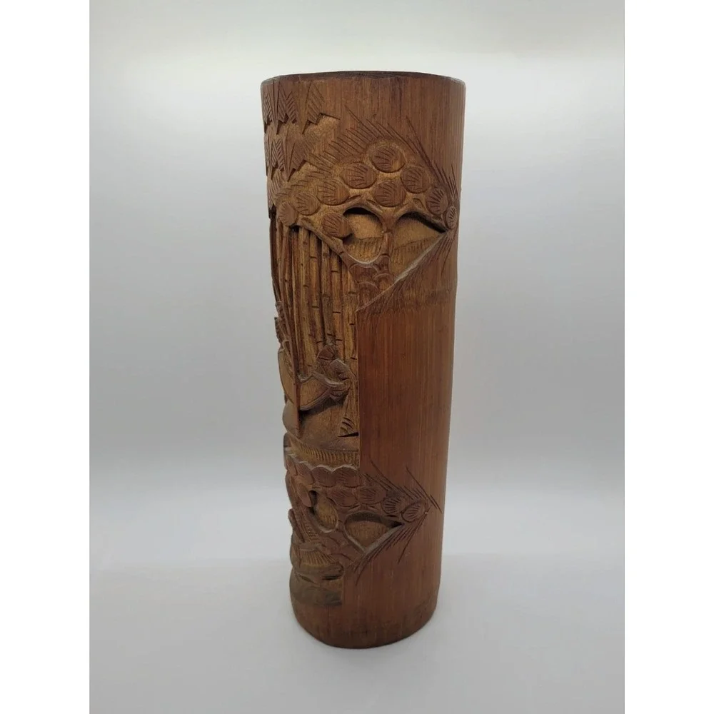 Chinese Bamboo Brush‎ Pot Carved Wooden Asian Flower Vase
